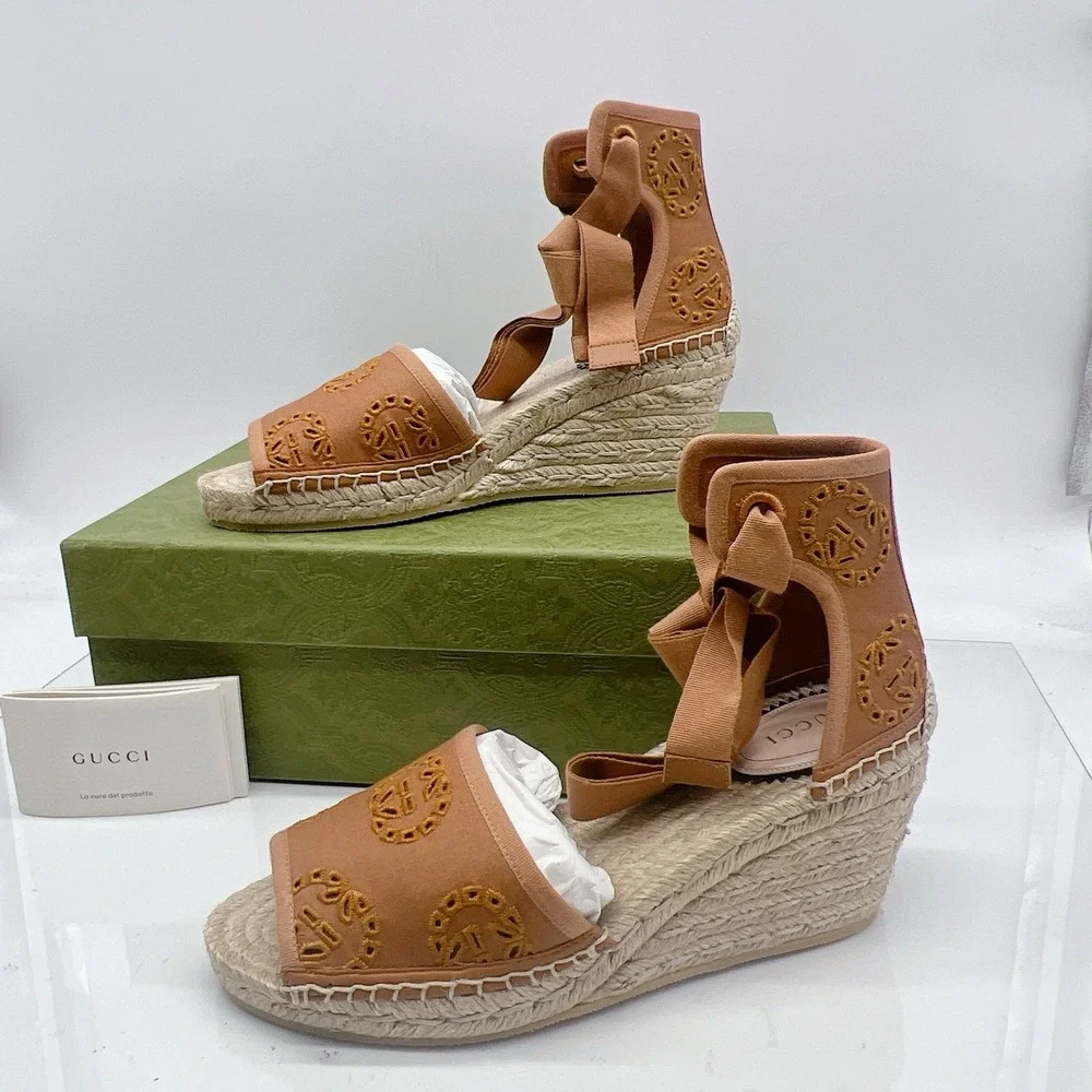 Gucci GG Damita Espadrille Wedge Sandal Eyelet Canvas Cognac Brown 36.5 US 6.5